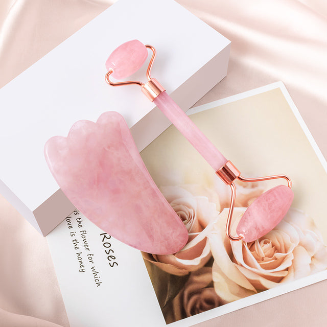 Natural Rose Quartz Gua Sha & Facial Roller Set
